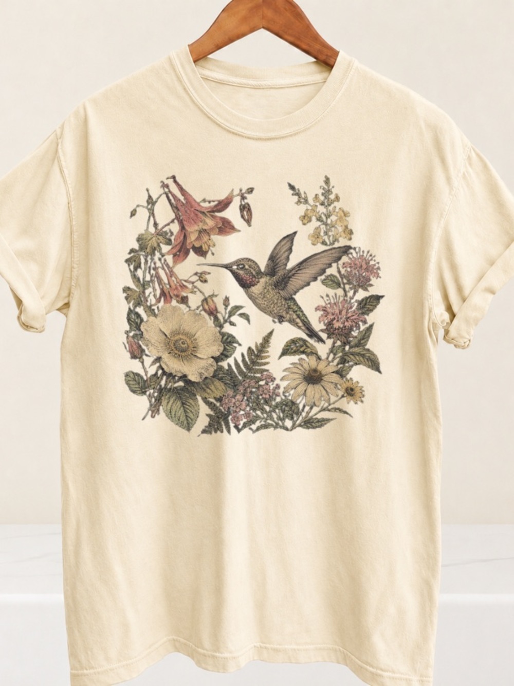 Cream Floral Hummingbird Graphic Tee